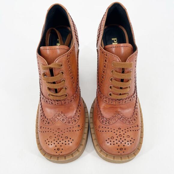 Prada Terracotta Leather Brogue Lace Up Chunky Platform Block Heel Shoes IT 39.5 - Picture 6 of 13